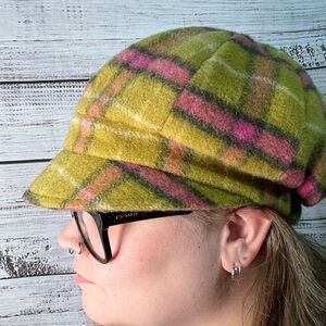 Creativa Wool Blend Hat Made in Italy One Size Yellow Pink Plaid Cap Y2K Style